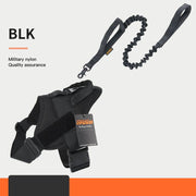 Black heavy-duty tactical dog harness with adjustable straps and durable military nylon leash for medium and large dogs